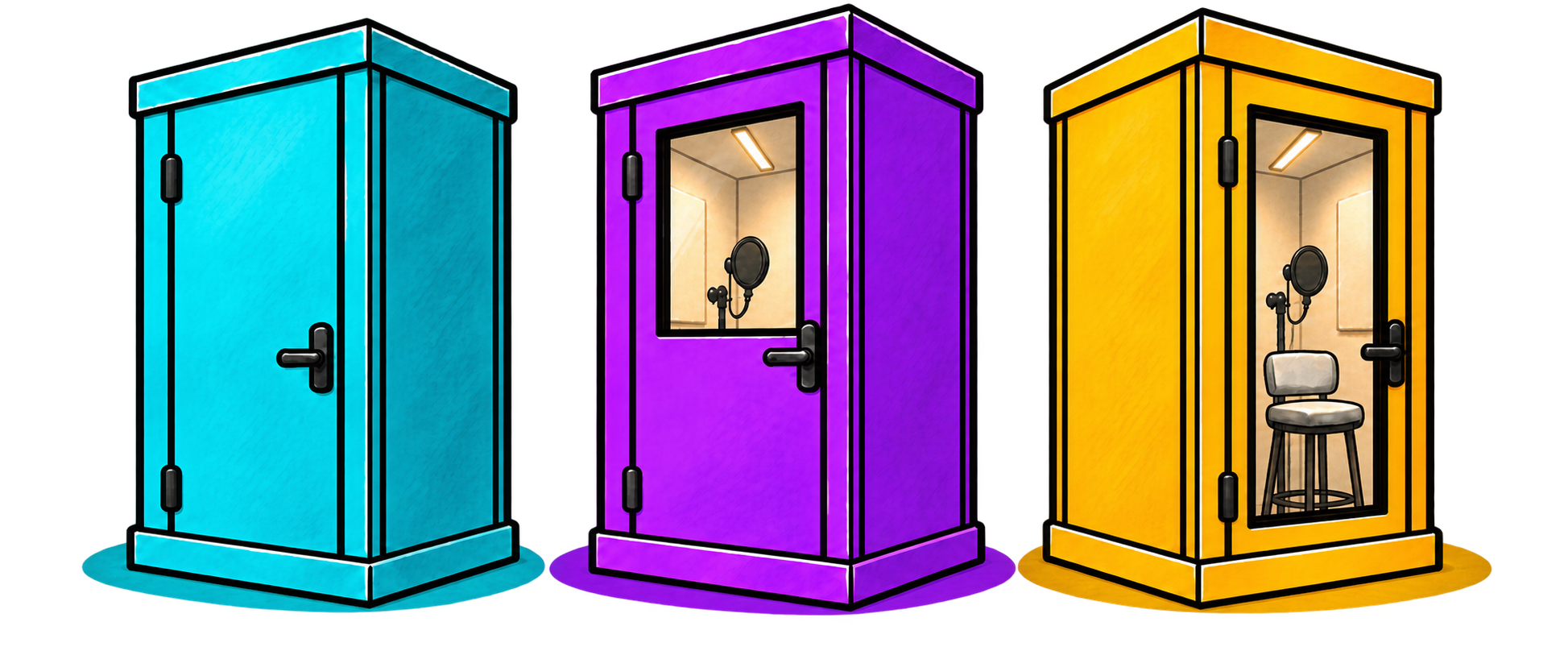 Three colorful LA Vocal Booth illustrations