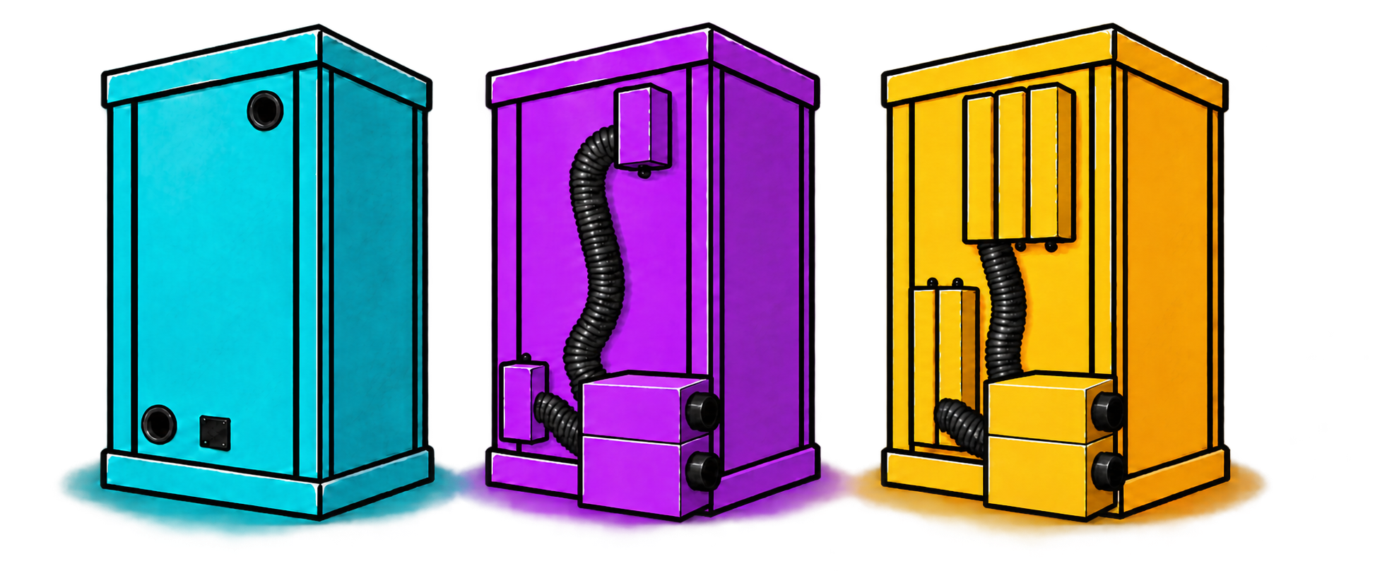 Three LA Vocal Booth illustrations showing no ventilation equipment, Standard ventilation, and Premium ventilation